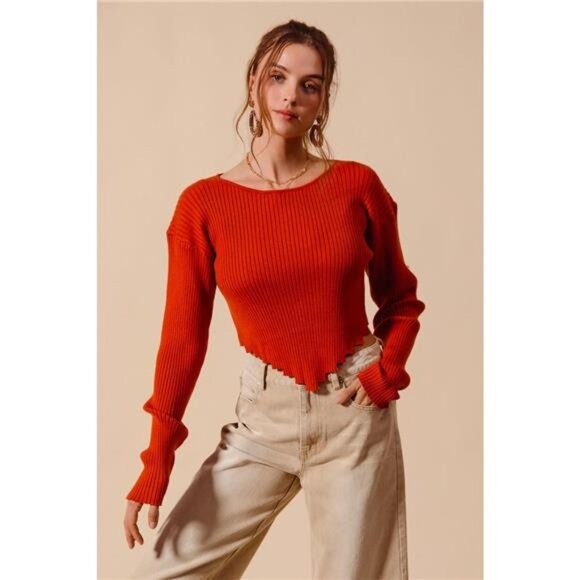 So Me Sweaters - SO ME Rib Knitted Crop Sweater Top With Shaped Hem